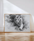 Landscape tiger print in black and white ink with a close-up of a tiger emerging from mist.