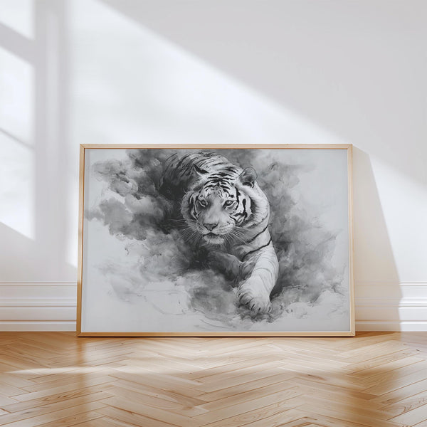 Landscape tiger print in black and white ink with a close-up of a tiger emerging from mist.