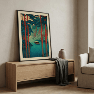 Boat on river wall art poster with layered shoreline forms and fine carved-line texture