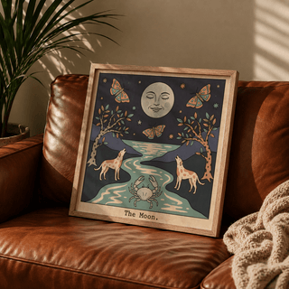 Whimsical tarot card print with a smiling moon, scattered stars, and moths in the sky