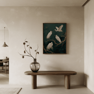 Elegant Bird Art Print using Yellow and Gold in a modern living room