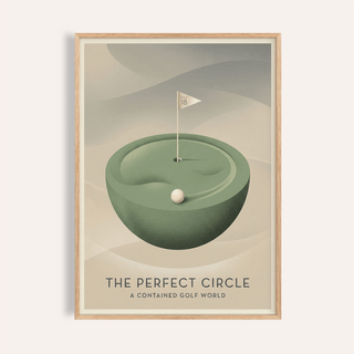 Minimal golf wall art poster showing floating putting green, ball, and flag