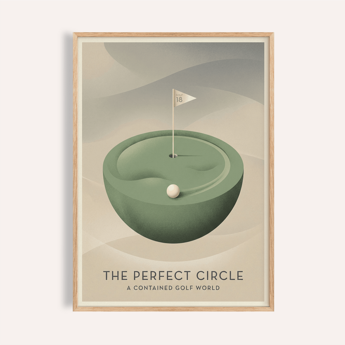 Minimal golf wall art poster showing floating putting green, ball, and flag