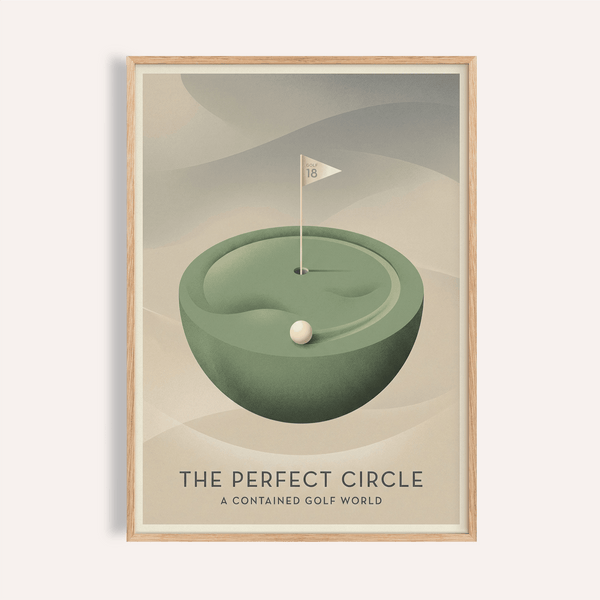 Minimal golf wall art poster showing floating putting green, ball, and flag