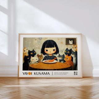 Girl surrounded by 10 cats with a fish on the table, Kusama-inspired