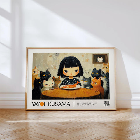 Girl surrounded by 10 cats with a fish on the table, Kusama-inspired