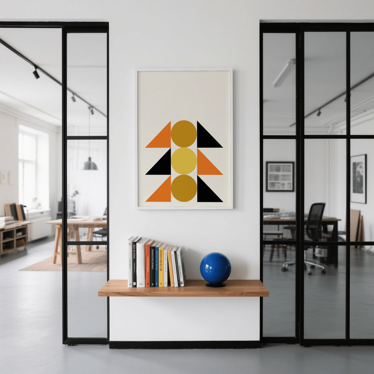 Geometric Block Art wall art in Black Gold and Orange for dining room decor