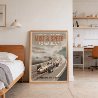 Angled track curves in motorsport poster print with foggy landscape and speckled vintage texture