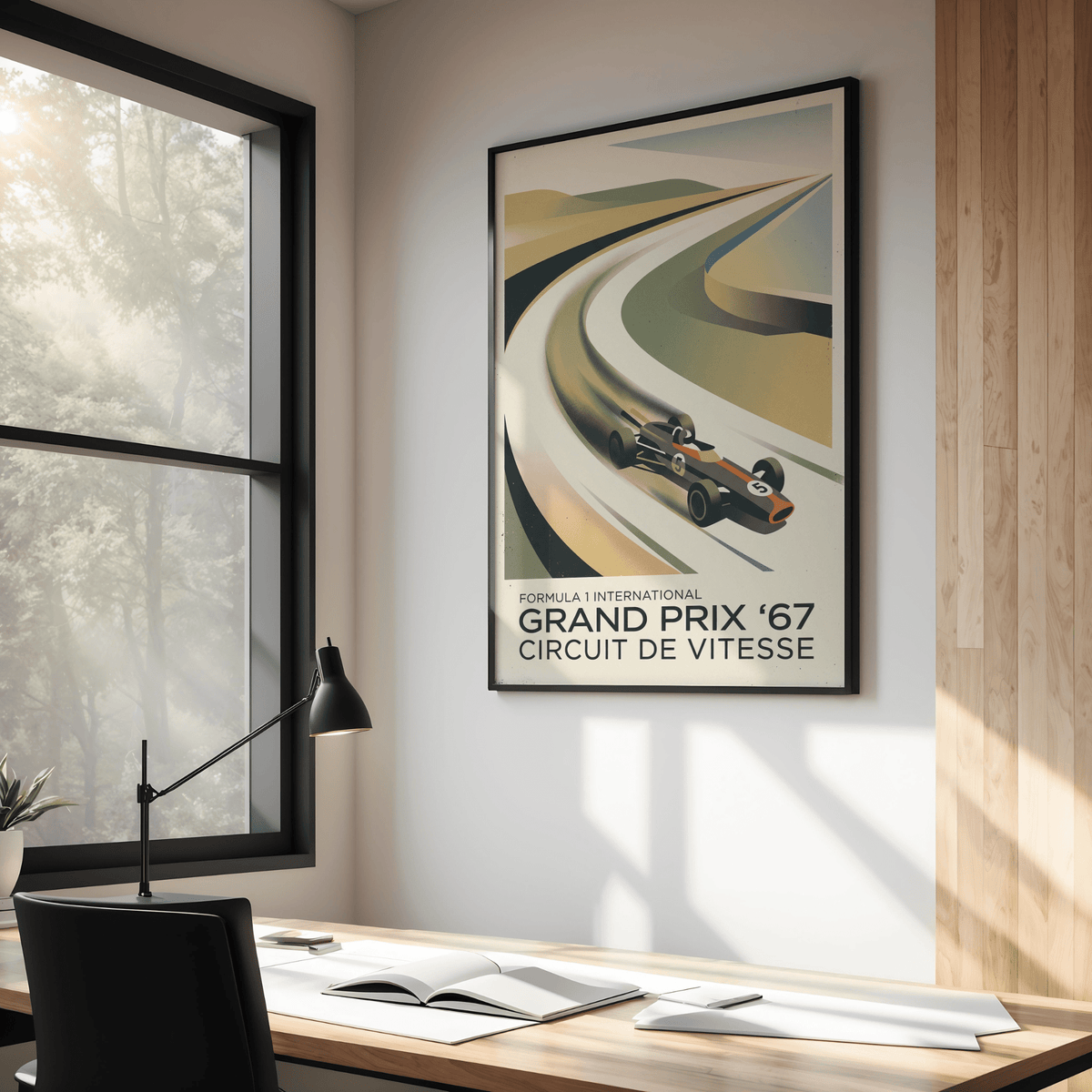 Framed mockup of retro Grand Prix ’67 racing graphic displayed above desk