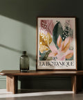 Botanical poster with modern flowers in pink and golden tones