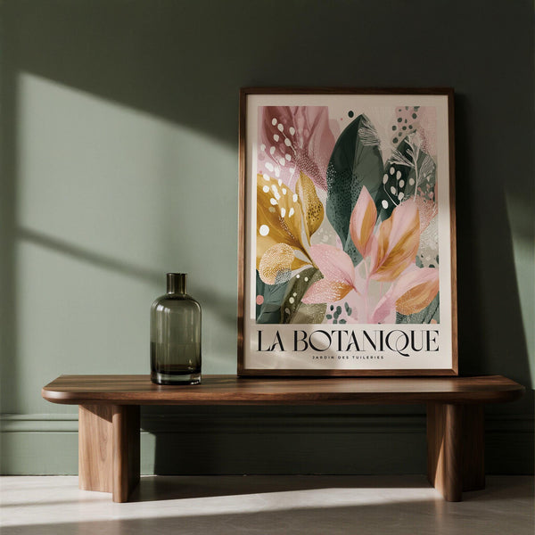 Botanical poster with modern flowers in pink and golden tones