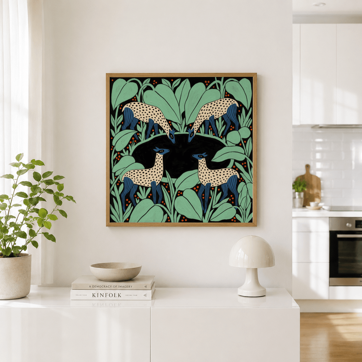 Colorful Animal Wall Art print featuring spotted deer surrounded by stylized leaves