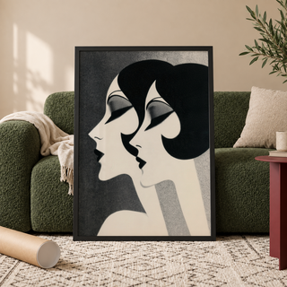 Highlighting two Art Deco-inspired female profiles, Art Deco Female Profiles Print for modern wall decor