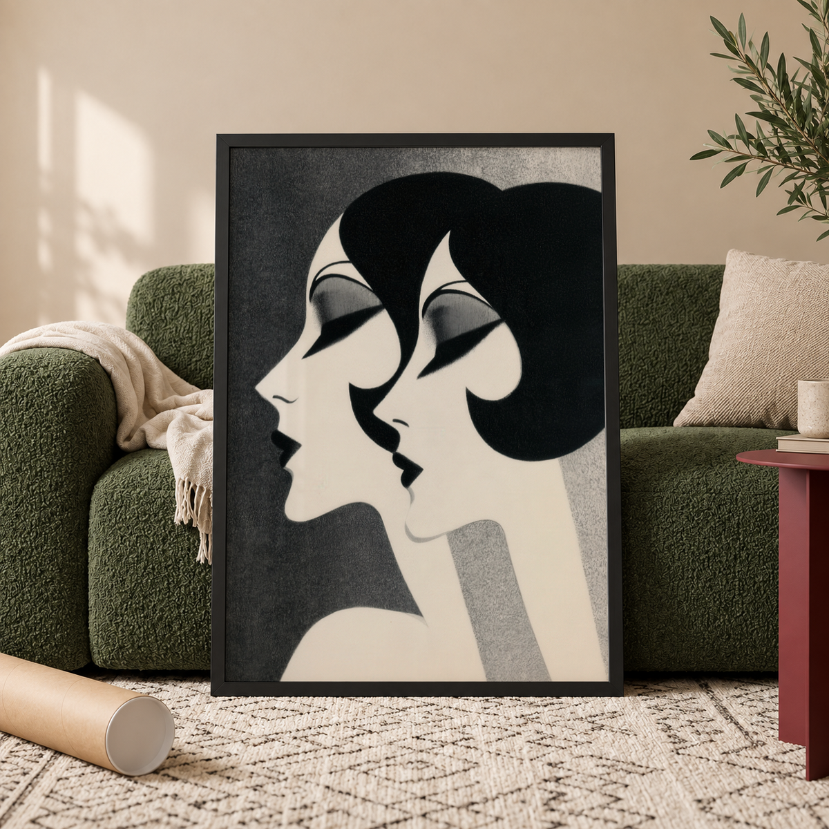 Highlighting two Art Deco-inspired female profiles, Art Deco Female Profiles Print for modern wall decor
