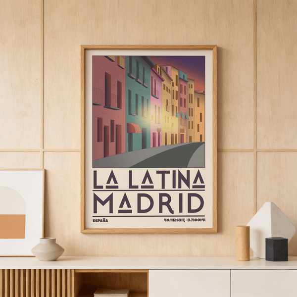 Framed Madrid City Wall Art print featuring bold LA LATINA typography