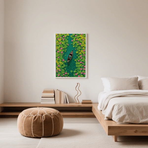 Colorful Water Lily Poster featuring pond scene in blue and yellow for hallway