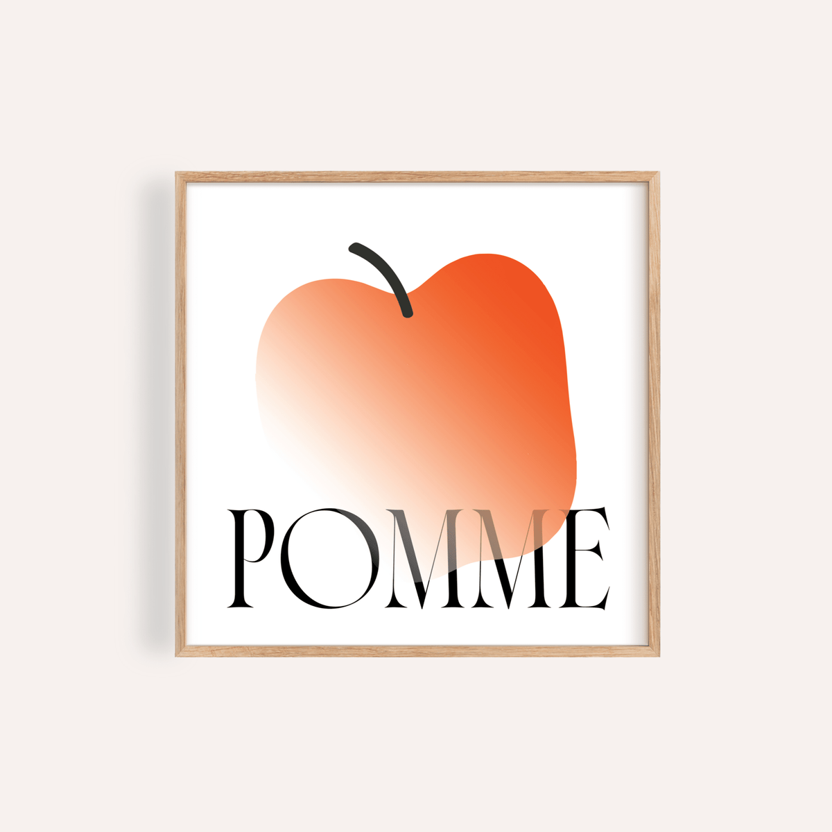 Minimalist Apple Art Print with orange gradient fruit and POMME text