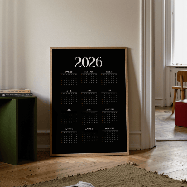 Black and White Modern Calendar Print for stylish bedroom wall