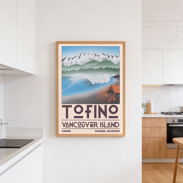 Side angle of poster showing wave barrel and sandy beach