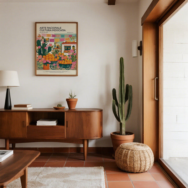 Cactus and citrus display for bright kitchen decor in Mexican wall art.