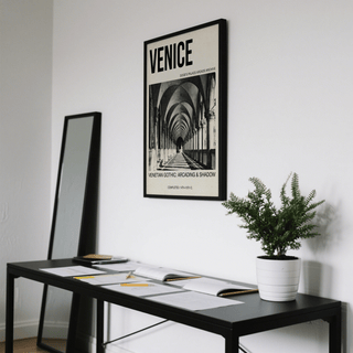 Architectural corridor wall art print showing repeating arches and long shadow bands