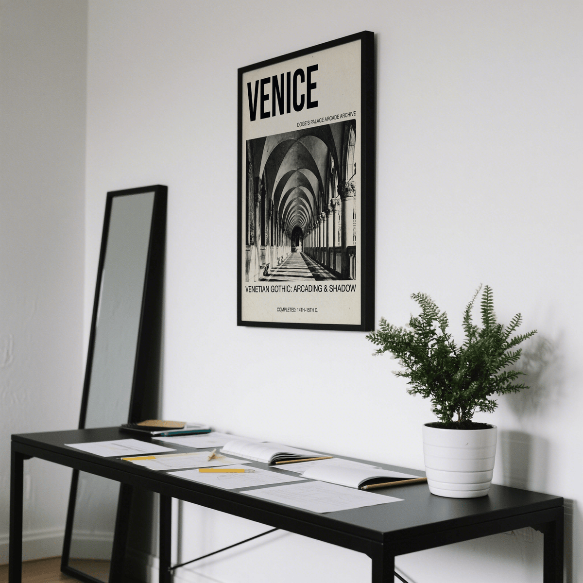 Architectural corridor wall art print showing repeating arches and long shadow bands