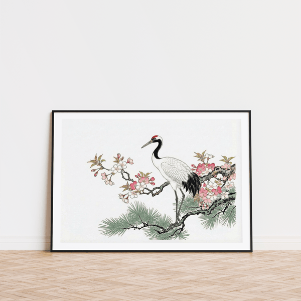 Japanese-style ink wall art print of crane and cherry blossoms with subtle border