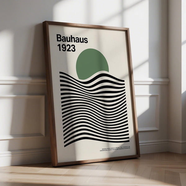 Minimalist Sage Green Print featuring black waves and green circle on beige background.