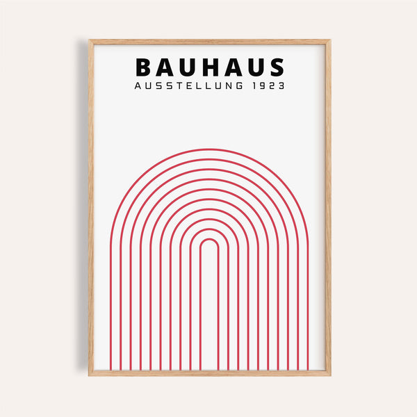 Original Bauhaus poster featuring a bold red arch and geometric lines