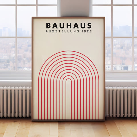 Bold Bauhaus-inspired red arch print, ideal for minimalist decor

