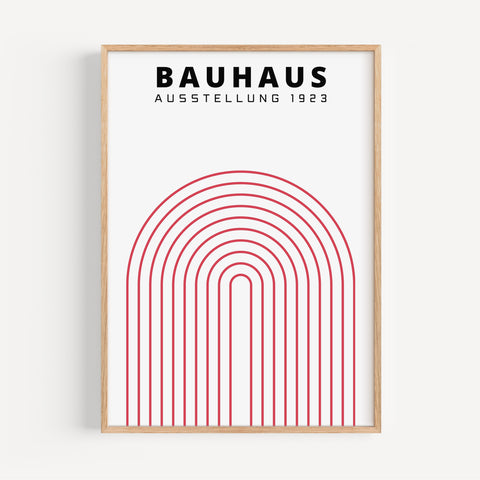 Bold Bauhaus-inspired red arch print, ideal for minimalist decor
