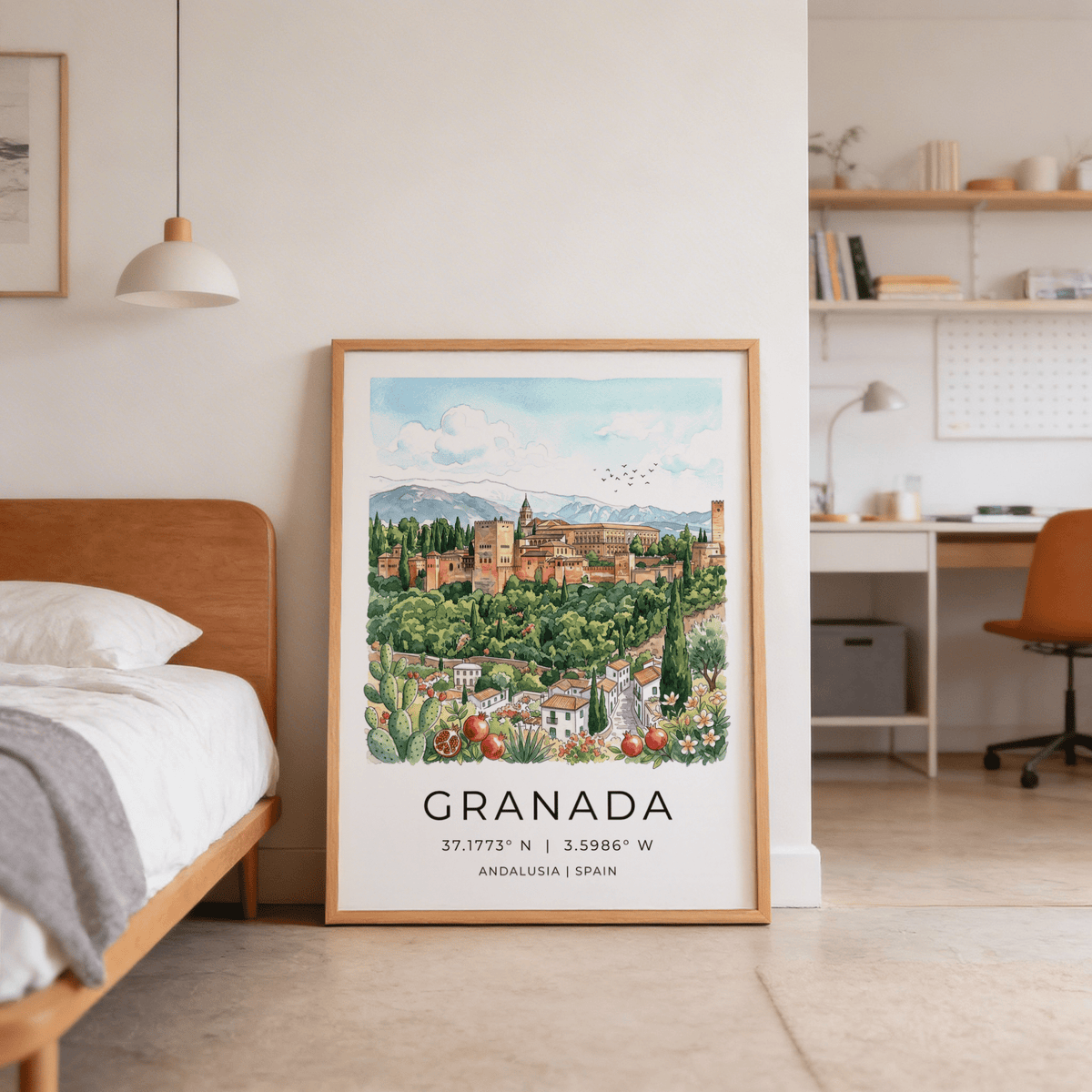 Wide view poster print of Granada skyline with palace complex and mountain range