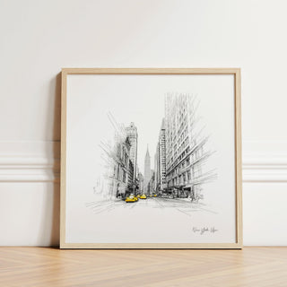 New York City drawing square art print with yellow taxi and skyscrapers