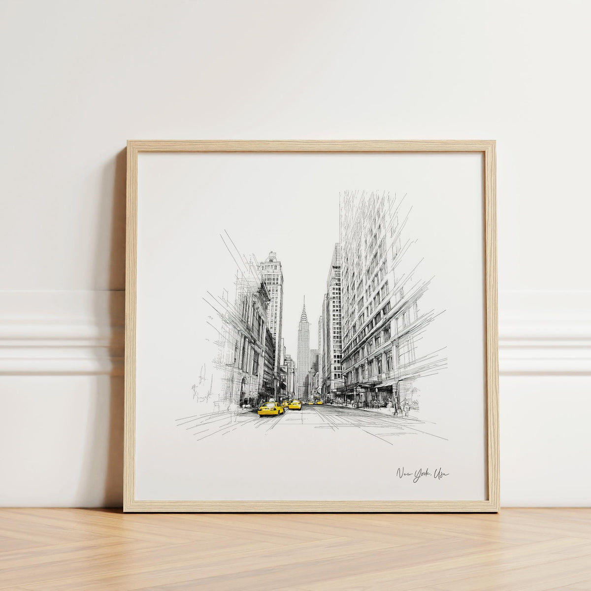 New York City drawing square art print with yellow taxi and skyscrapers