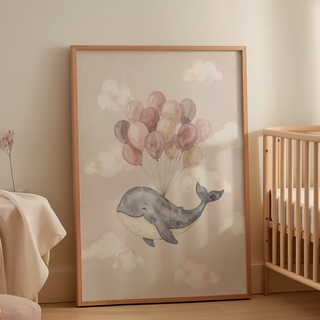 Whale illustration wall art with rounded clouds and a calm watercolor wash