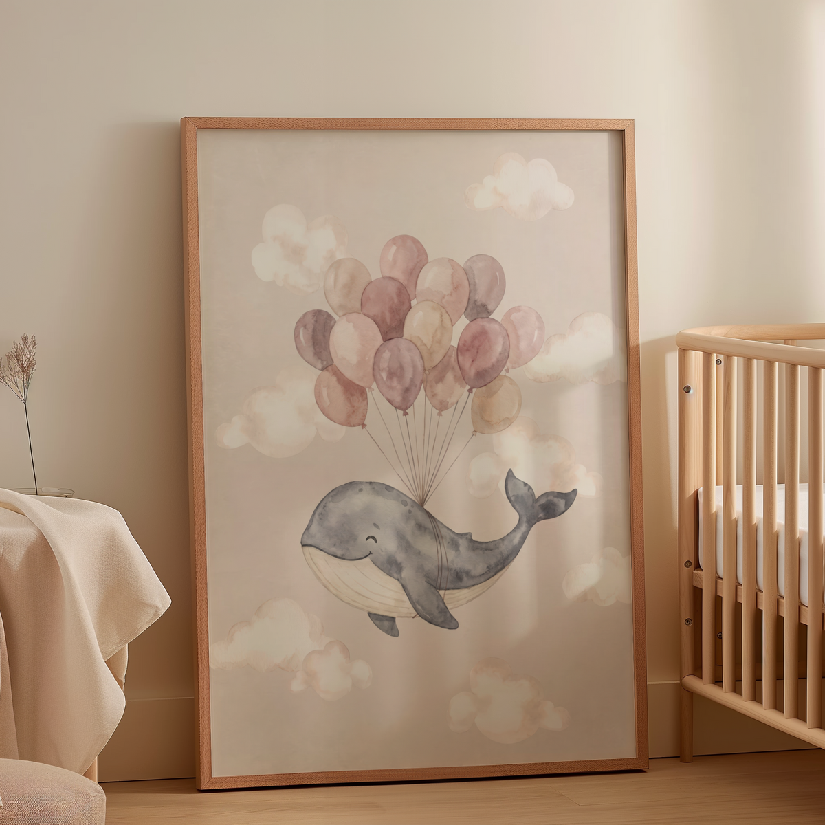 Whale illustration wall art with rounded clouds and a calm watercolor wash