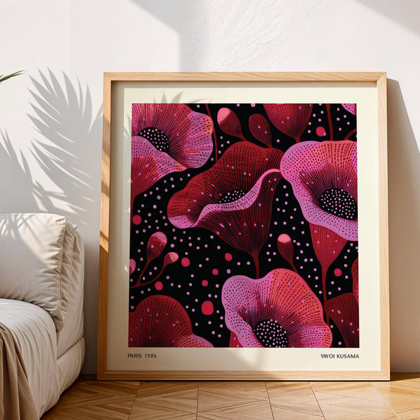 Square-format floral print in vibrant abstract pink art design