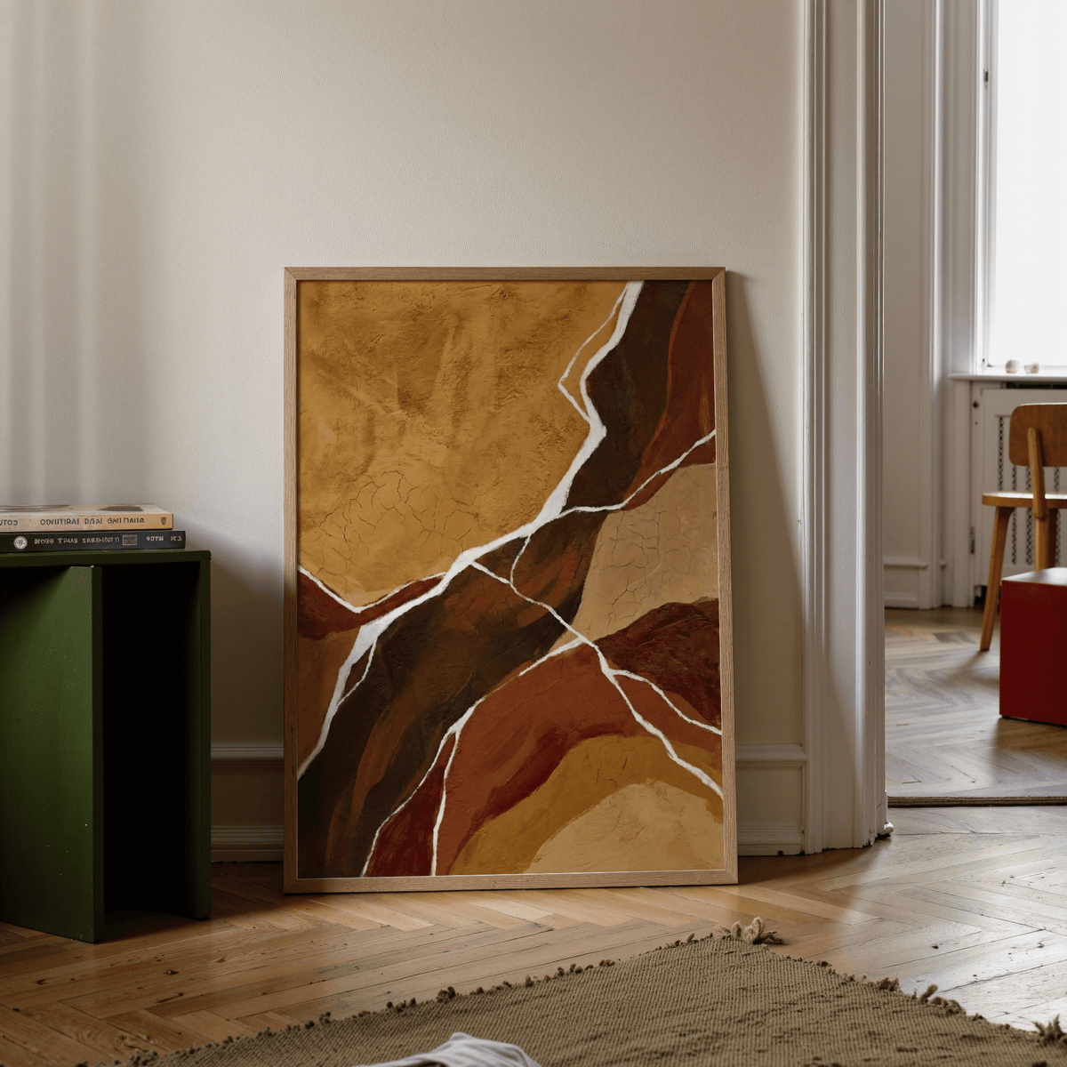 Earth-inspired Abstract Earth Tones Art print in orange, brown, and beige for dining room wall