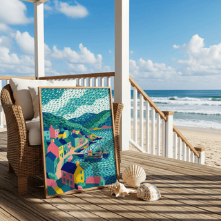 Colorful Coastal Art Print in Blue and Green for entryway art print display.
