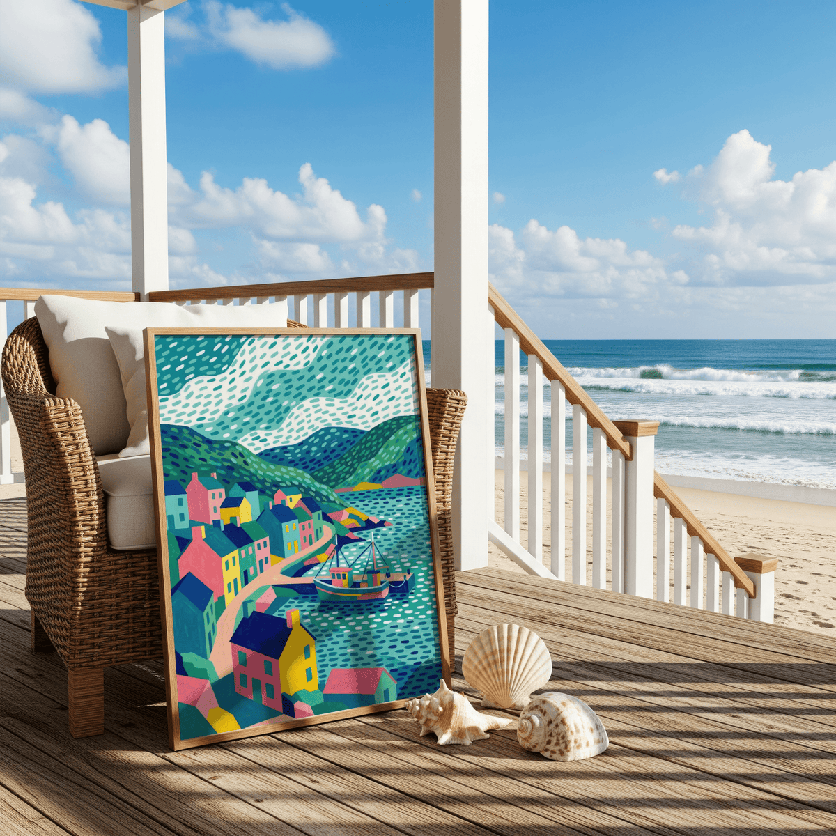 Colorful Coastal Art Print in Blue and Green for entryway art print display.