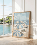 Beach Umbrella Art Print for dining area, featuring blue, beige, and white colors