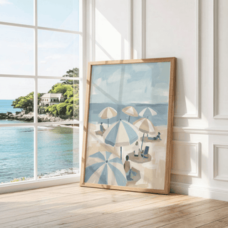 Beach Umbrella Art Print for dining area, featuring blue, beige, and white colors