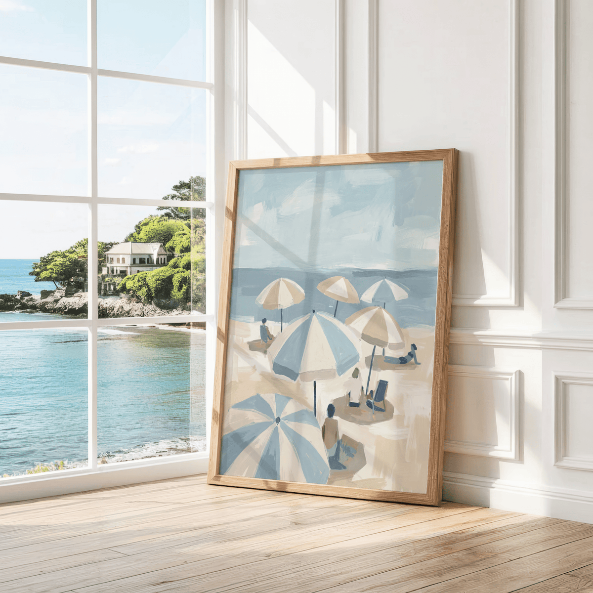 Beach Umbrella Art Print for dining area, featuring blue, beige, and white colors