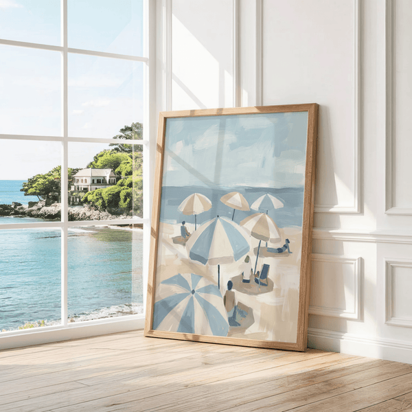 Beach Umbrella Art Print for dining area, featuring blue, beige, and white colors