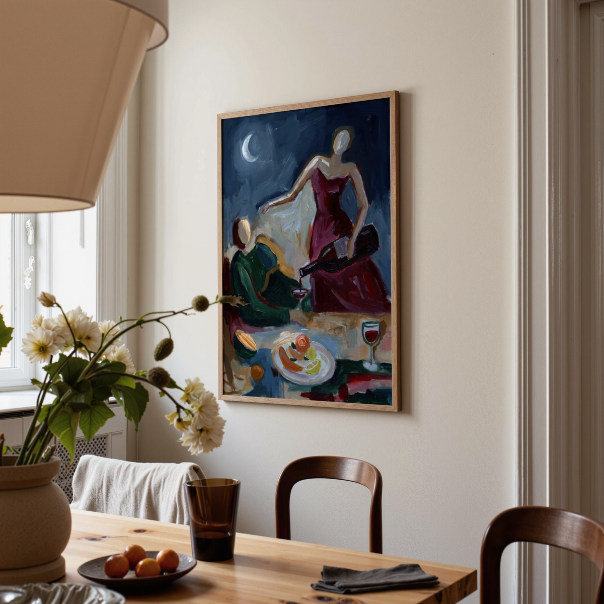 Gestural couple at dinner wall art print with crescent moon and table setting