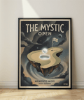 Close-up poster print showing THE MYSTIC OPEN headline text over space-themed golf course wall art