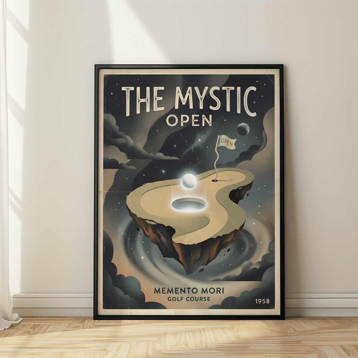 Close-up poster print showing THE MYSTIC OPEN headline text over space-themed golf course wall art