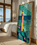 Sea-themed Colourful Lighthouse Print accented in green and orange, great for entryway