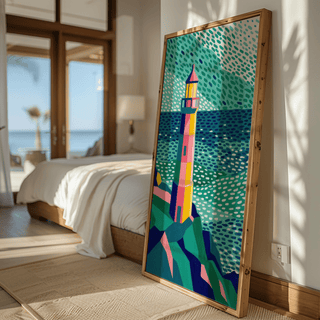 Sea-themed Colourful Lighthouse Print accented in green and orange, great for entryway