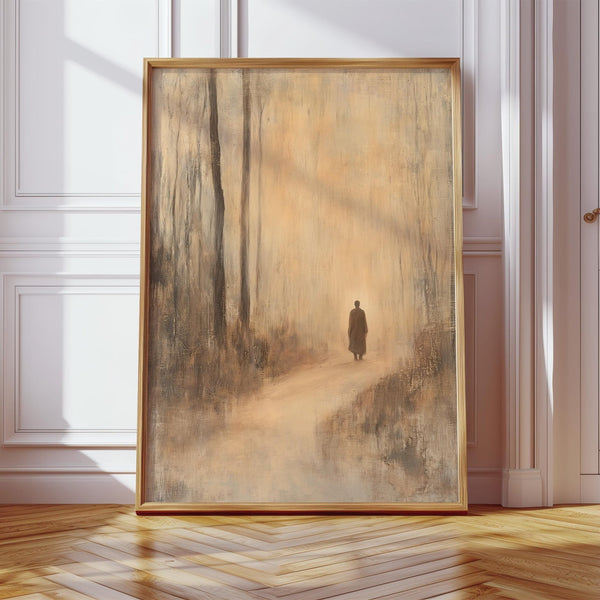 Earth-toned antique Japanese prints style showing a solitary figure on a path.